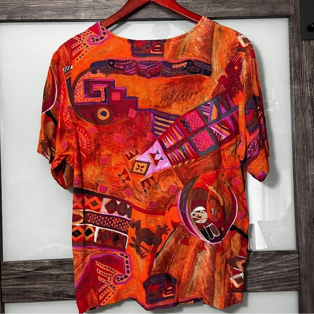 Vintage Karen Kane Multicolor Abstract Top Wearable Art Orange & Brown Statement - Picture 2 of 7